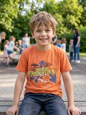 George Orange Graphic Tee with Blue and Yellow Print